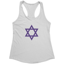 Ziva Jewish Superhero women's white racerback tank top with purple Star of David