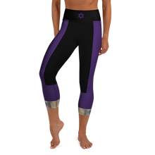 Front view of Ziva purple and black Lupus Warrior women's capri leggings with purple Star of David waistband