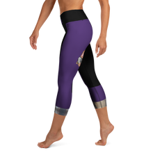 Left side view of Ziva purple and black women's capri leggings with Lupus Warrior miniature character artwork