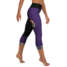 Right side view of Ziva purple and black women's capri leggings with Lupus Warrior artwork and silver capri accents