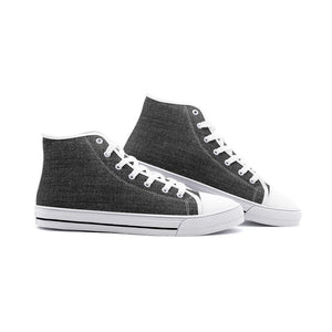 Best Canvas High Top Sneaker Men and Women - Black Denim Pattern Side View White Sole and White Trim Canted