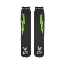 You Rule Girl Power Socks (BLACK) - Green Lightning and a Flat Man Underfoot Sublimation Tube Sock