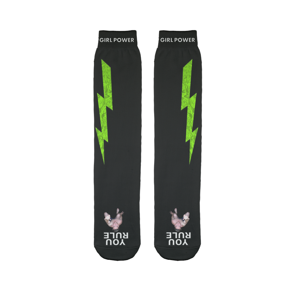 You Rule Girl Power Socks (BLACK) - Green Lightning and a Flat Man Underfoot Sublimation Tube Sock