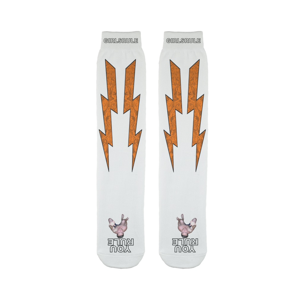 Girls Rule Orange Lightning Bolt Socks with Crushed Man Underfoot NEW 2019-12-30