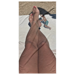 CUSTOM BEACH TOWEL-Laura's Tiny Pet Man Massages Her Feet (7-26-2020)