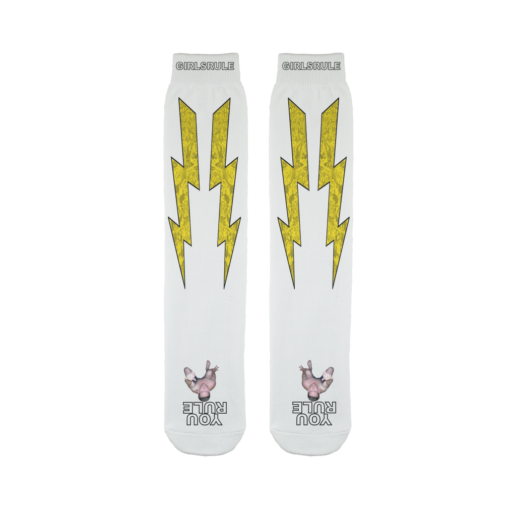 Girls Rule Yellow Lightning Bolt Socks with Crushed Man Underfoot NEW 2019-12-30