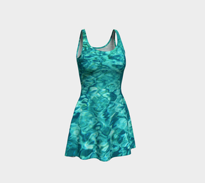 Mermaid flare dress pool blue water skater dress front oblique view heroicu heroic-u