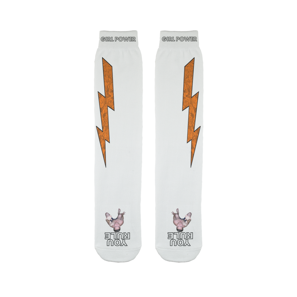 You Rule Girl Power Socks (WHITE) – Orange Lightning and a Flat Man Underfoot Sublimation Tube Sock