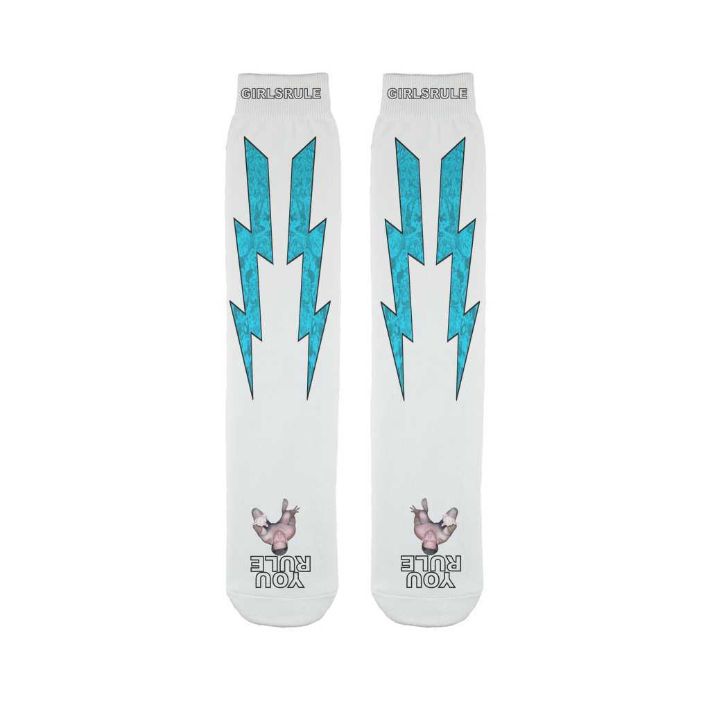 Girls Rule Light Blue Lightning Bolt Socks with Crushed Man Underfoot NEW 2019-12-30