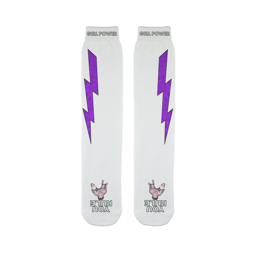 You Rule Girl Power Socks (WHITE) – Purple Lightning and a Flat Man Underfoot Sublimation Tube Sock