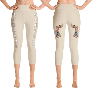 awesome goddess yoga capris leggings beige color with white lettering front and back view booty boosting best popular leggings for girls women womens heroicu littleruntman