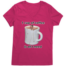 A dark fuchsia v-neck coffee shirt with an image of a person swimming in a large white cup of coffee, with the text '1 CUP OF COFFEE IS ALL I NEED' below the image.