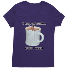 A purple v-neck coffee shirt with an image of a person swimming in a large white cup of coffee, with the text '1 CUP OF COFFEE IS ALL I NEED' below the image.