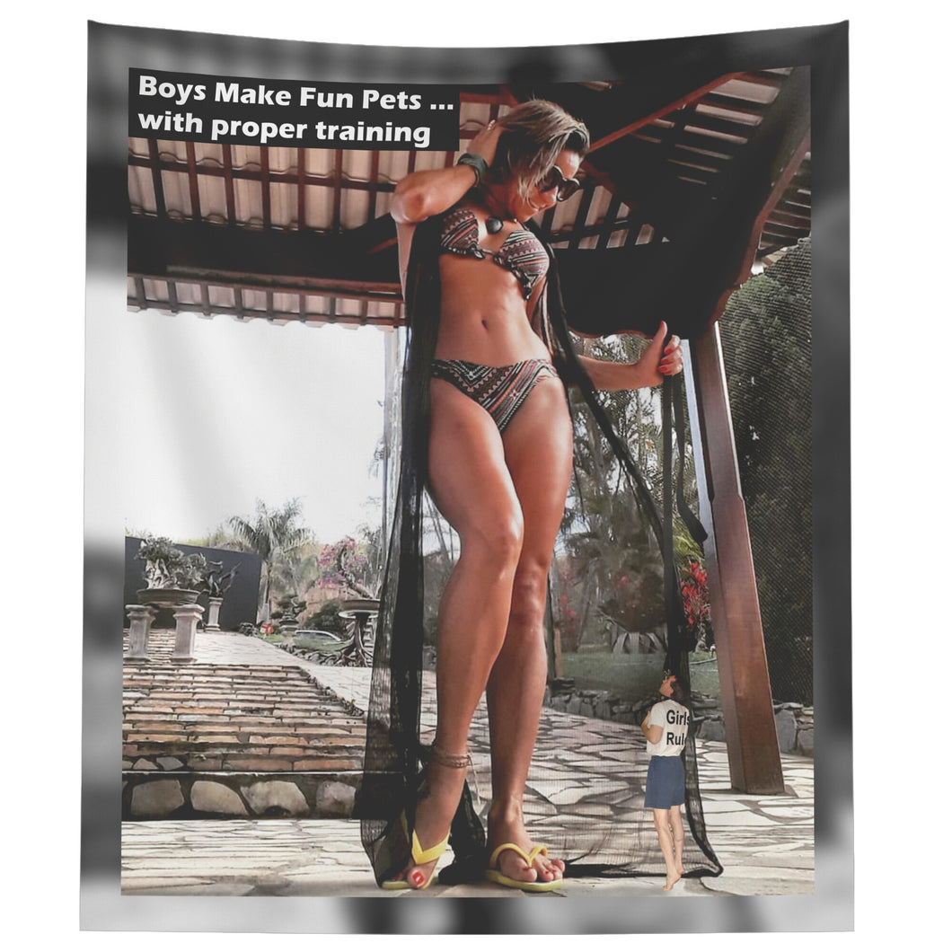 Tapestry - Boys Make Fun Pets - Luci Keeps Hers On A Leash - What About You - Gray Background