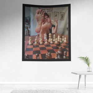 Tapestry with Tiny Man on Chess Board as Queen Controls the Strategy