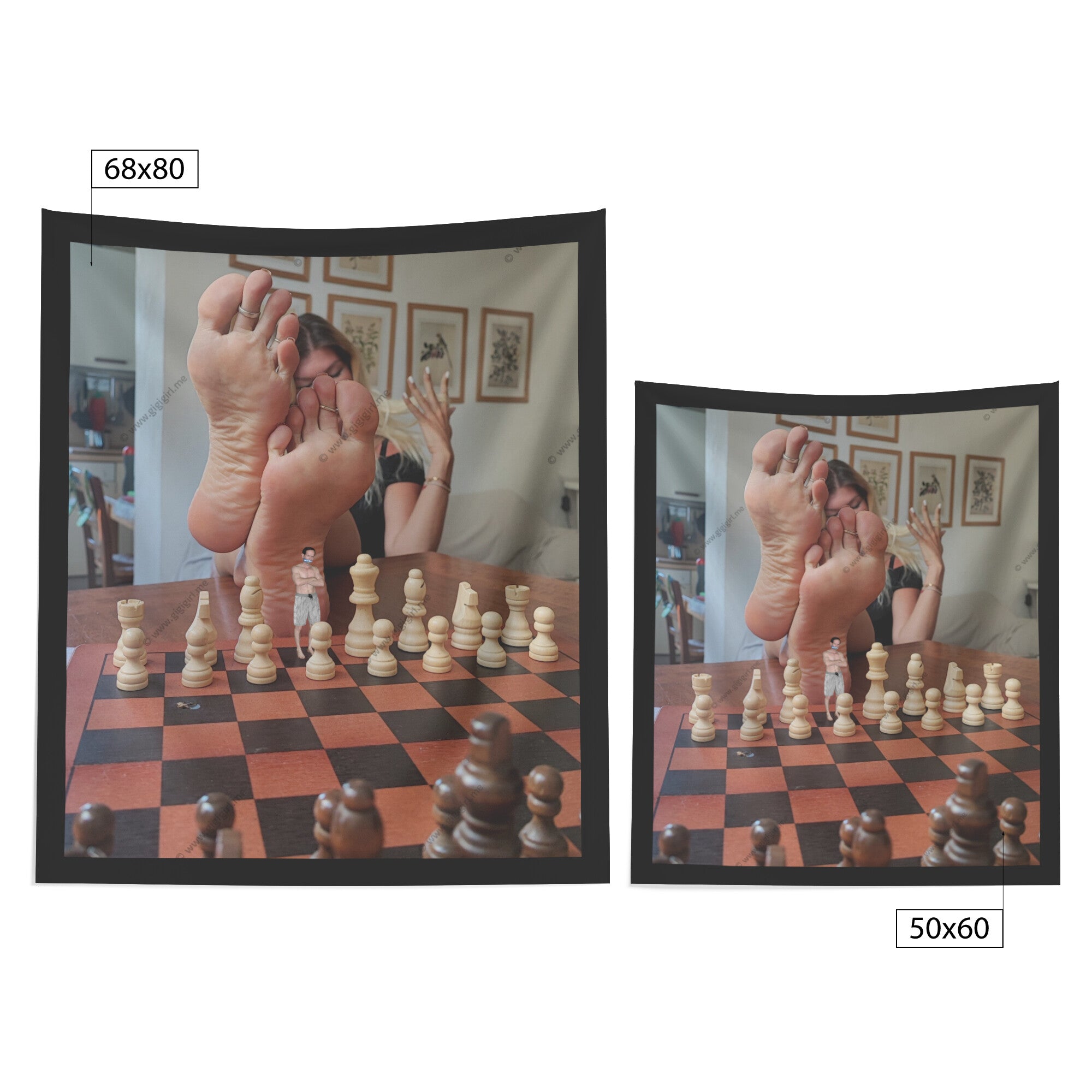 Tapestry with Tiny Man on Chess Board as Queen Controls the Strategy