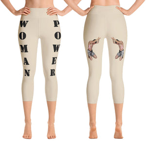 woman power yoga capris leggings beige color with black lettering front and back view booty boosting best popular leggings for girls women womens heroicu littleruntman