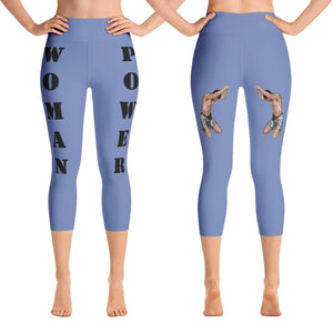 woman power yoga capris leggings blue gray color with black lettering front and back view booty boosting best popular leggings for girls women womens heroicu littleruntman