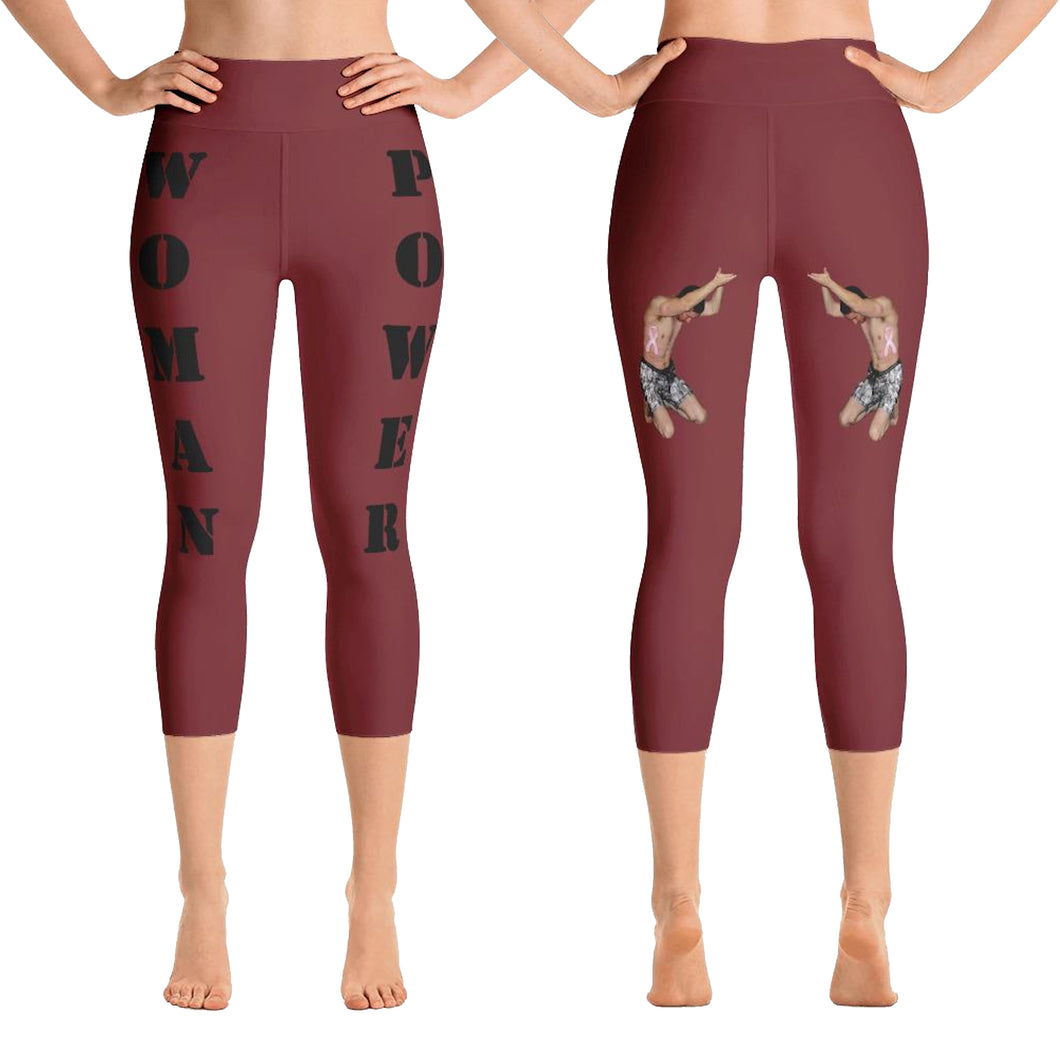 woman power yoga capris leggings burgundy color with black lettering front and back view booty boosting best popular leggings for girls women womens heroicu littleruntman