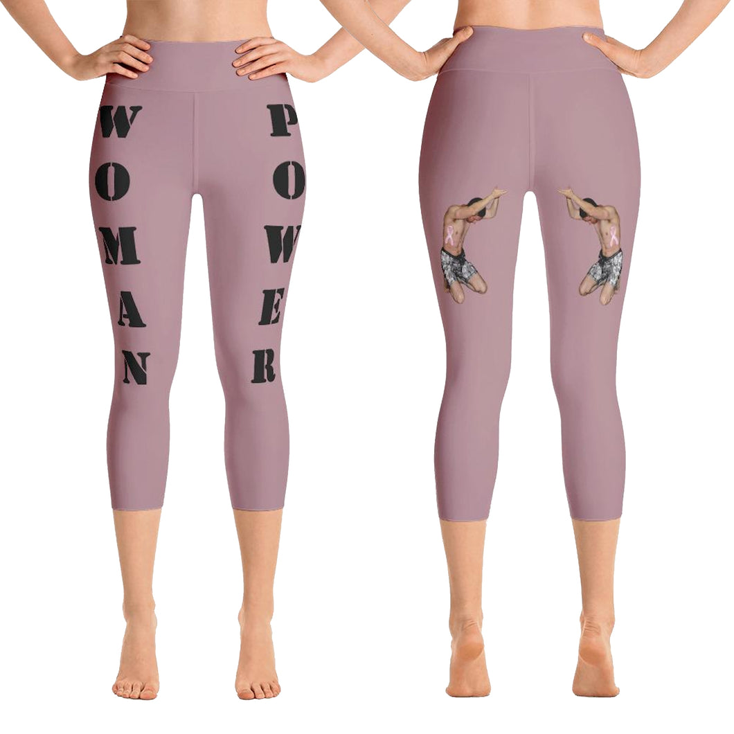 woman power yoga capris leggings dusty rose color with black lettering front and back view booty boosting best popular leggings for girls women womens heroicu littleruntman