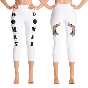 Our best viral yoga capri leggings with woman power - White Color with Black Letters