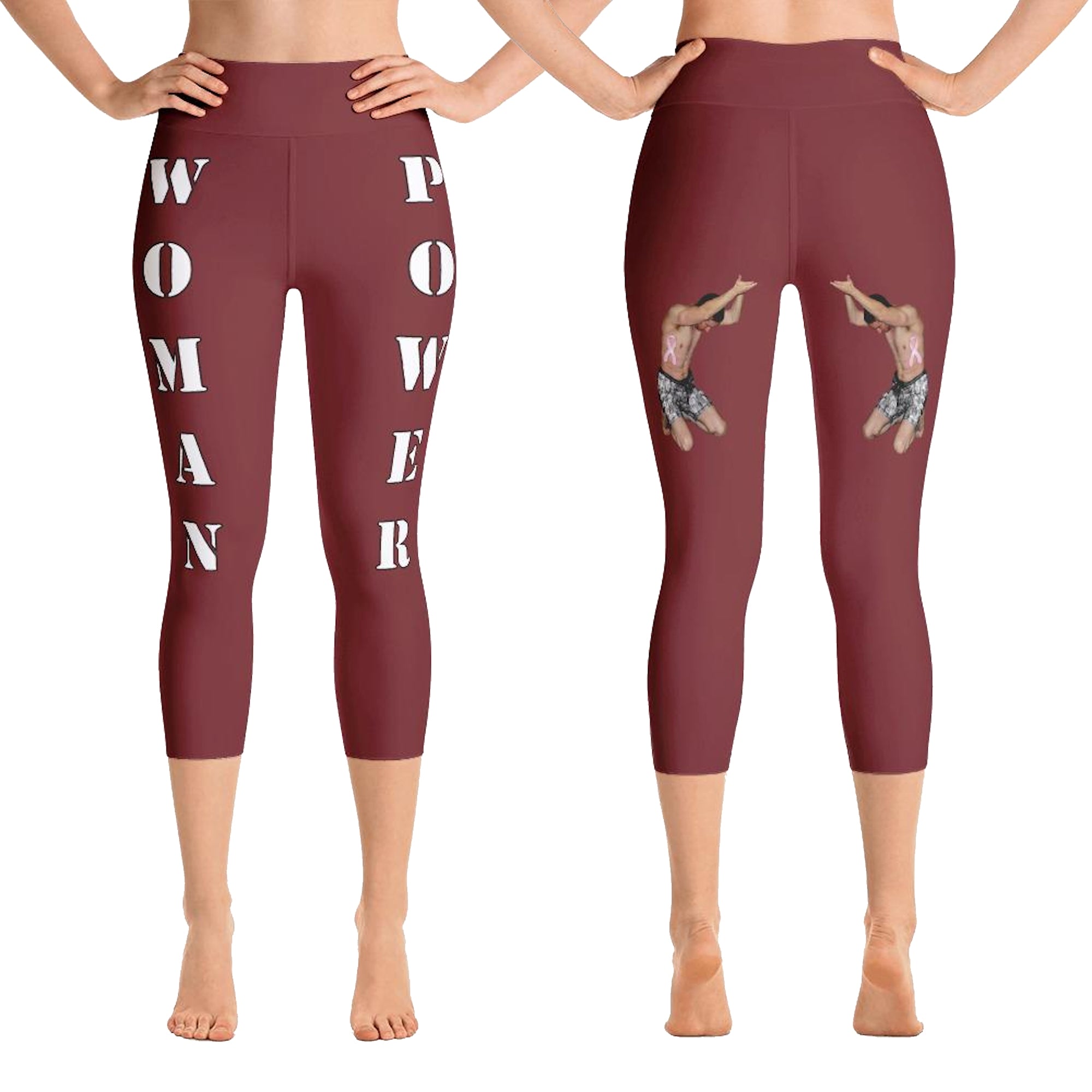 woman power yoga capris leggings burgundy color with white lettering front and back view booty boosting best popular leggings for girls women womens heroicu littleruntman
