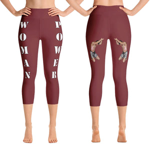 woman power yoga capris leggings burgundy color with white lettering front and back view booty boosting best popular leggings for girls women womens heroicu littleruntman