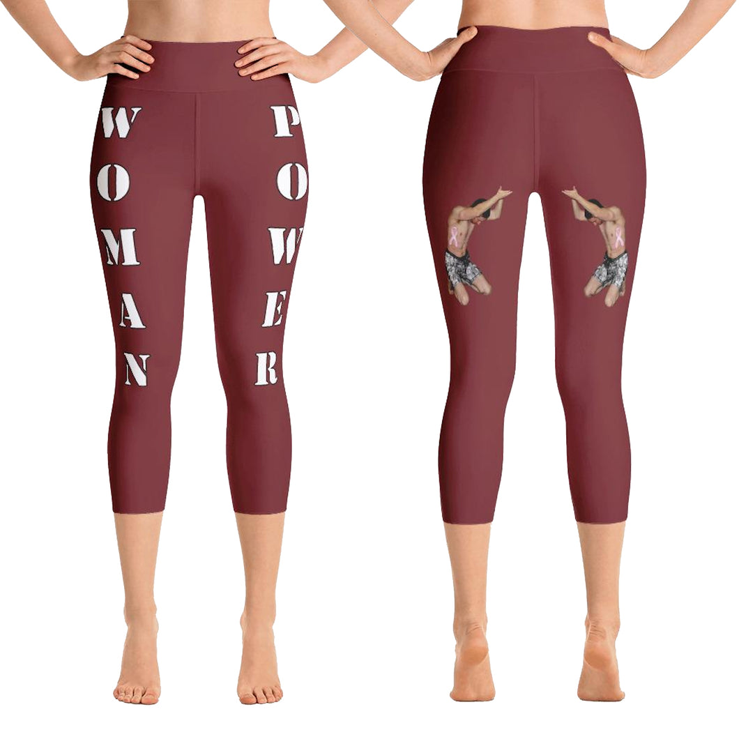 woman power yoga capris leggings burgundy color with white lettering front and back view booty boosting best popular leggings for girls women womens heroicu littleruntman
