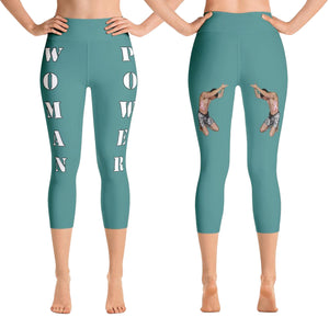 Our best viral yoga capri leggings with woman power - Teal Color with White Letters