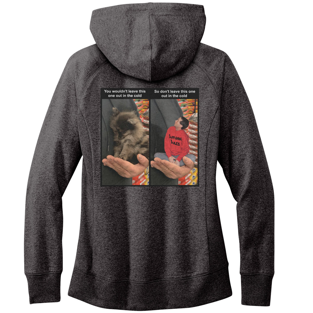 Women's Fleece Hoodie (Women's Sizes) - Don't leave pets 🐶 in the cold PSA meme with tiny man in hand