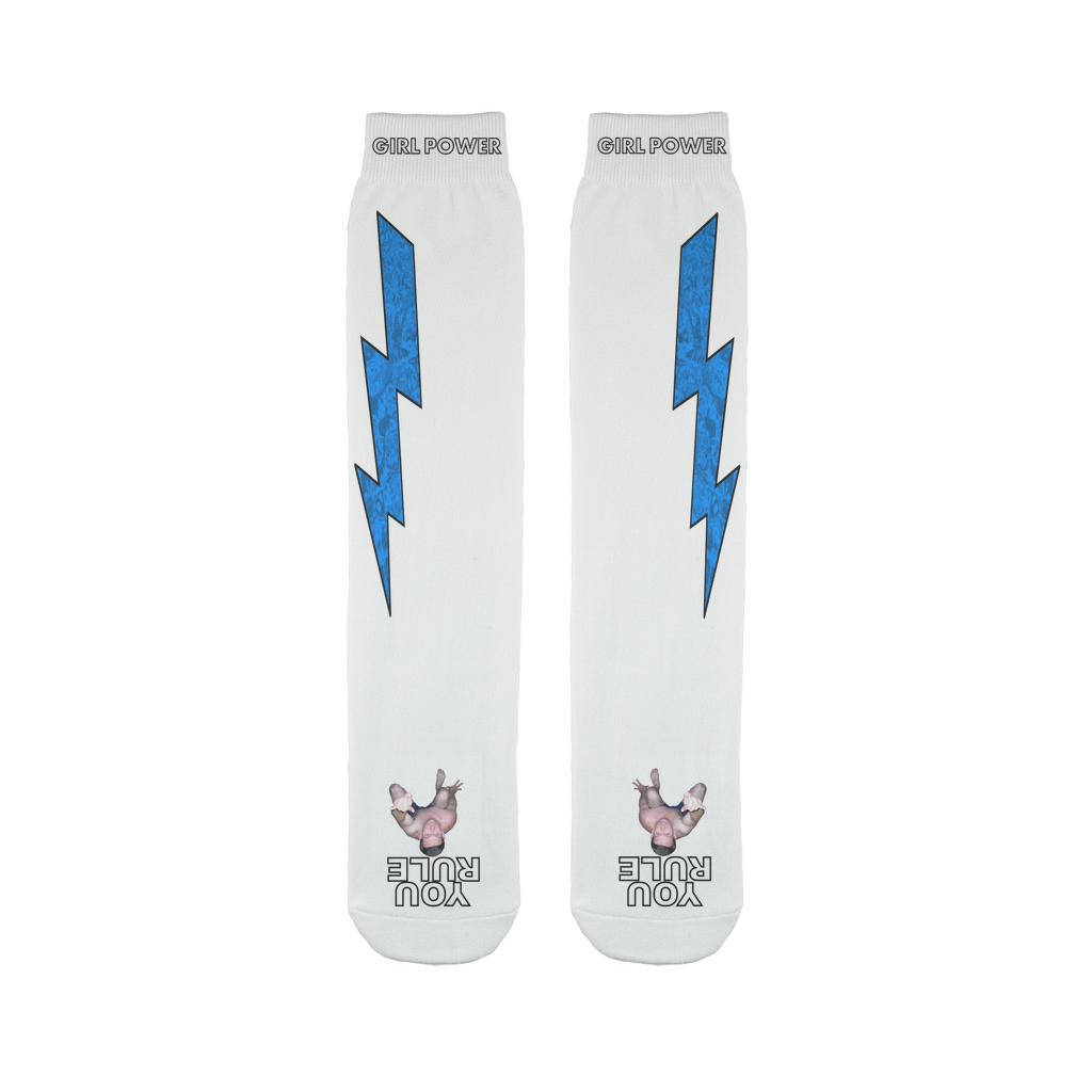 You Rule Girl Power Socks (WHITE) – Dark Blue Lightning and a Flat Man Underfoot Sublimation Tube Sock