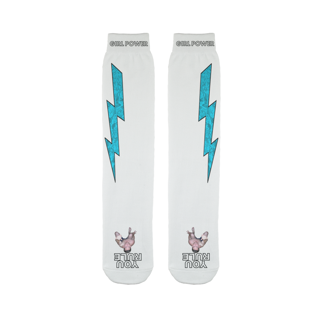 You Rule Girl Power Socks (WHITE) – Light Blue Lightning and a Flat Man Underfoot Sublimation Tube Sock