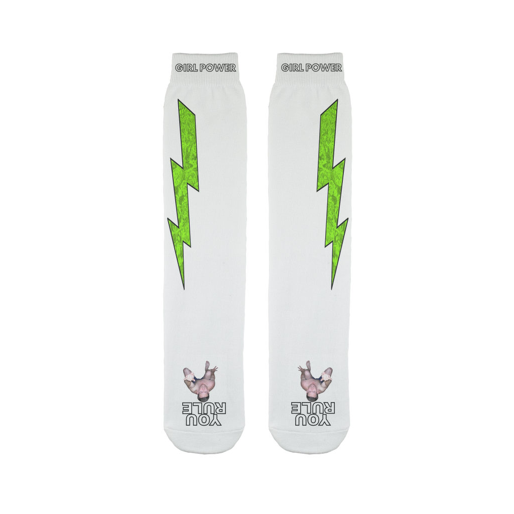 You Rule Girl Power Socks (WHITE) - Green Lightning and a Flat Man Underfoot Sublimation Tube Sock