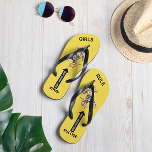 GIRLS RULE flip flops with CRUSHED TINY MAN underfoot yellow fabric NEW (2020-05-10)