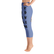 woman power yoga capris leggings blue gray color with black lettering left view booty boosting best popular leggings for girls women womens heroicu littleruntman