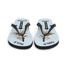 GIRLS RULE flip flops with CRUSHED TINY MAN underfoot light gray fabric NEW (2020-05-10)