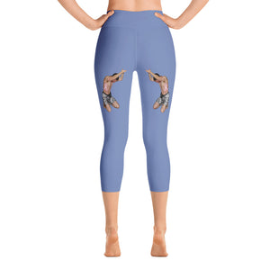 woman power yoga capris leggings blue gray color with black lettering back view booty boosting best popular leggings for girls women womens heroicu littleruntman