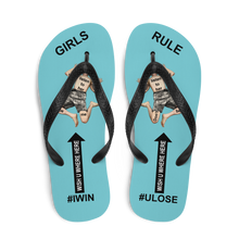 GIRLS RULE flip flops with CRUSHED TINY MAN underfoot robin egg blue fabric NEW (2020-05-10)