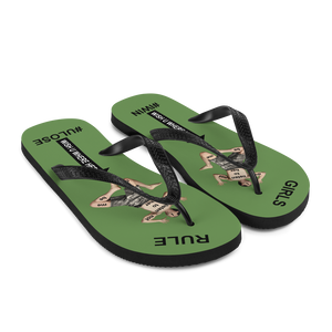 GIRLS RULE flip flops with CRUSHED TINY MAN underfoot moss green fabric NEW (2020-05-10)