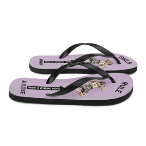 GIRLS RULE flip flops with CRUSHED TINY MAN underfoot pale purple fabric NEW (2020-05-10)