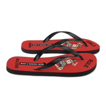 GIRLS RULE flip flops with CRUSHED TINY MAN underfoot red fabric NEW (2020-05-10)