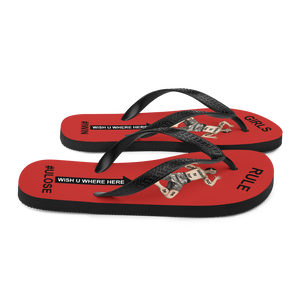 GIRLS RULE flip flops with CRUSHED TINY MAN underfoot red fabric NEW (2020-05-10)