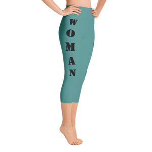 Our best viral yoga capri leggings with woman power - Teal Color with Black Letters