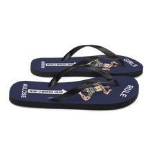 GIRLS RULE flip flops with CRUSHED TINY MAN underfoot midnight blue fabric NEW (2020-05-10)