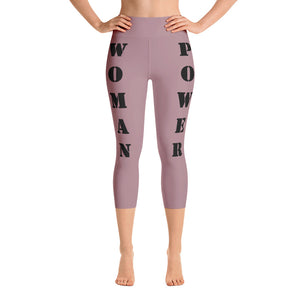 woman power yoga capris leggings dusty rose color with black lettering front view booty boosting best popular leggings for girls women womens heroicu littleruntman