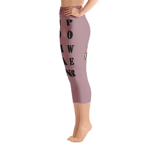 woman power yoga capris leggings dusty rose color with black lettering left view booty boosting best popular leggings for girls women womens heroicu littleruntman