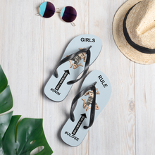 GIRLS RULE flip flops with CRUSHED TINY MAN underfoot light gray fabric NEW (2020-05-10)