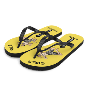 GIRLS RULE flip flops with CRUSHED TINY MAN underfoot yellow fabric NEW (2020-05-10)