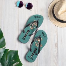 GIRLS RULE flip flops with CRUSHED TINY MAN underfoot teal fabric NEW (2020-05-10)