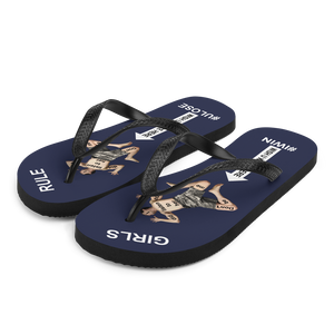 GIRLS RULE flip flops with CRUSHED TINY MAN underfoot midnight blue fabric NEW (2020-05-10)